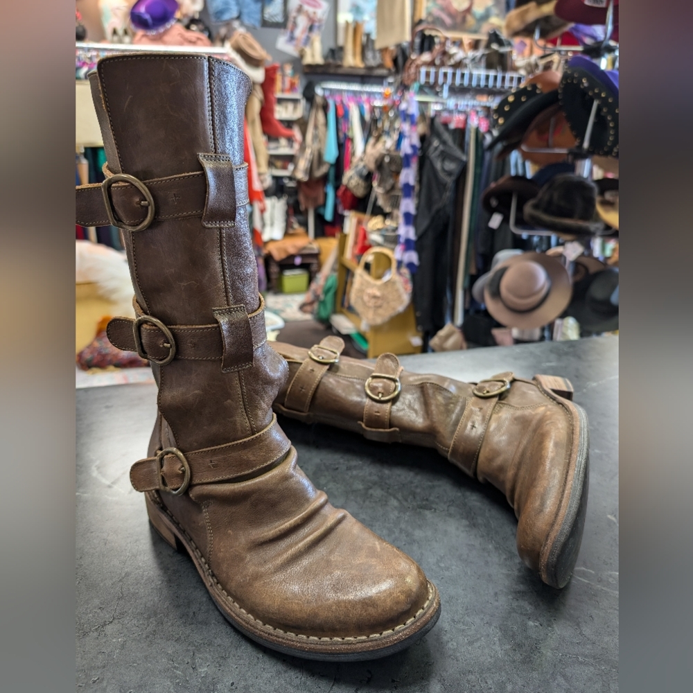 Iconic Three 3 buckle Fiorentini + Baker Coffee Brown Leather Biker Boots 37